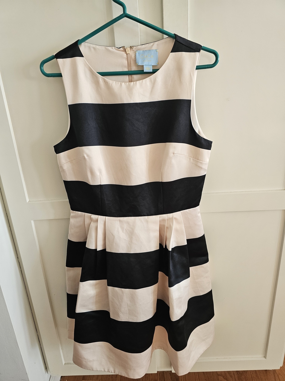 CeCe Black and Cream Striped Sleeveless Fit & Flare Dress